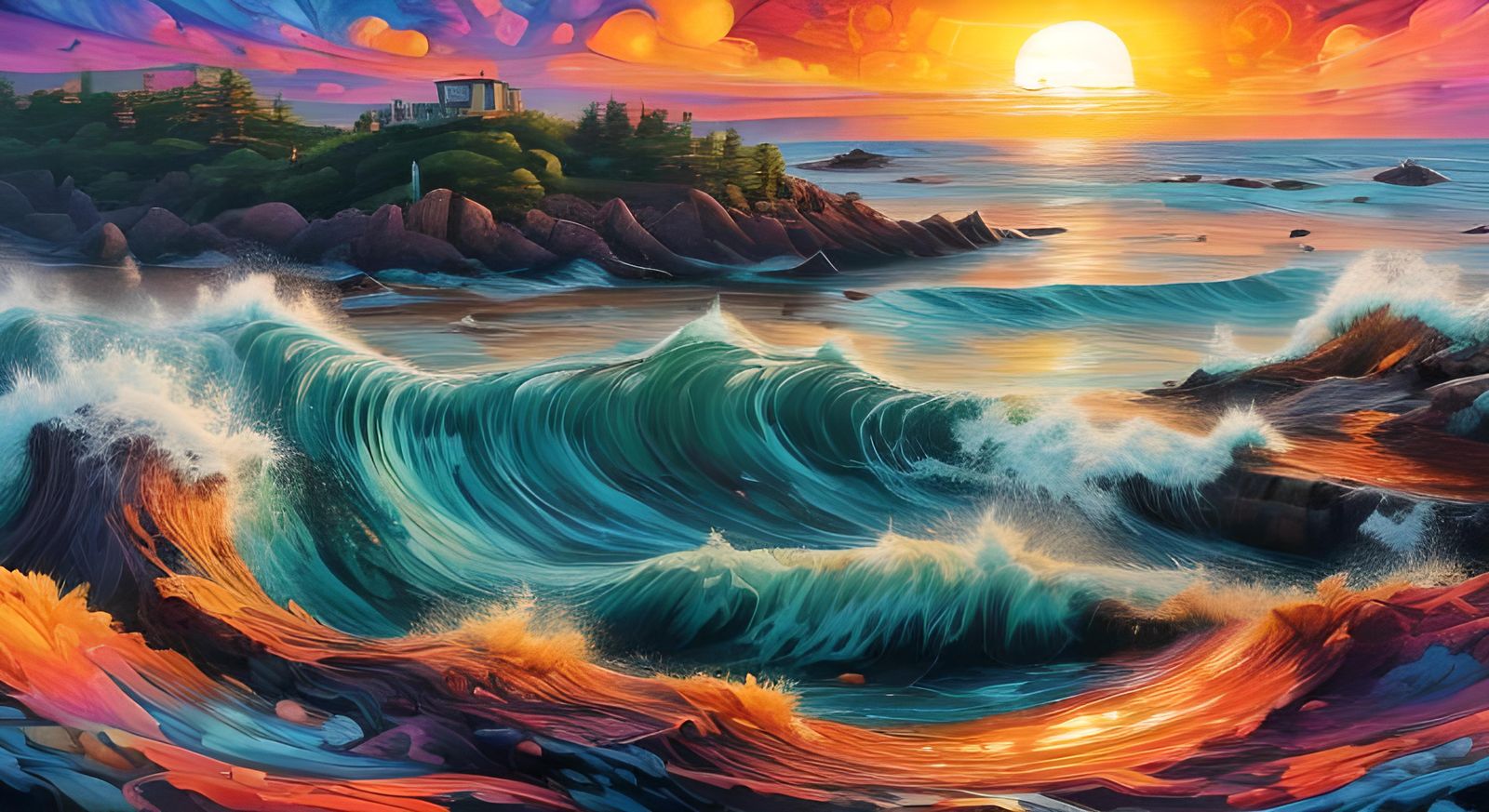 Maine Coastline Sunrise with Crashing Waves