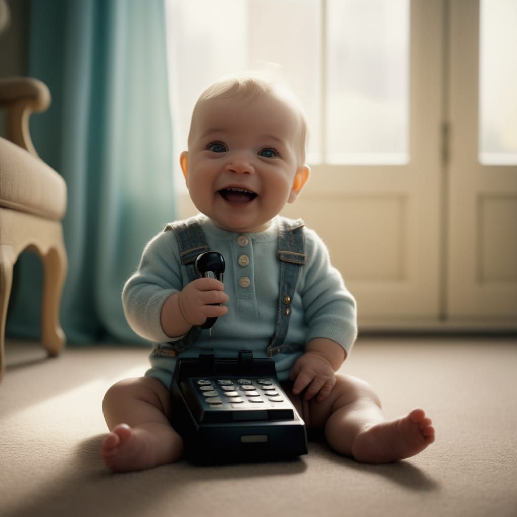 A Joyful Moment of a Baby Holding a Retro Flip Phone in a Ci...