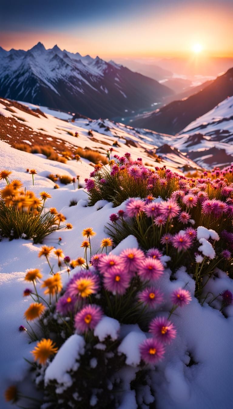 Mountain Landscape with Flowers, Snow, and Sunset