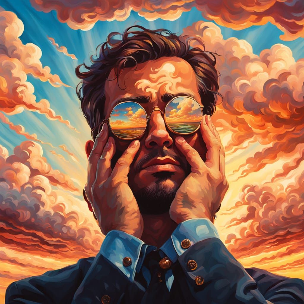 Surreal Man Shields Eyes from Blinding Light