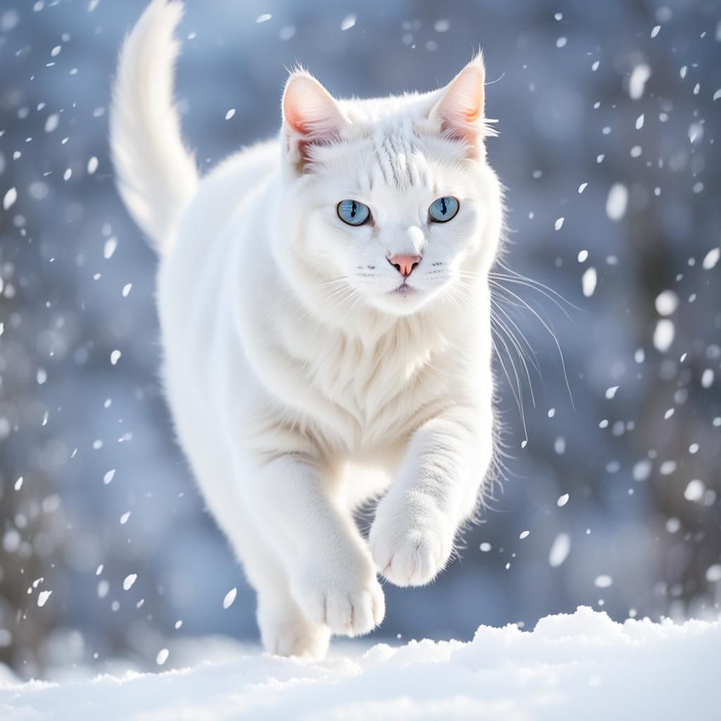White Cat Running in Snow: Professional Photography