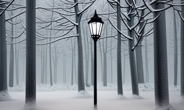 Snowy Forest Lamppost: Detailed Pencil Sketch