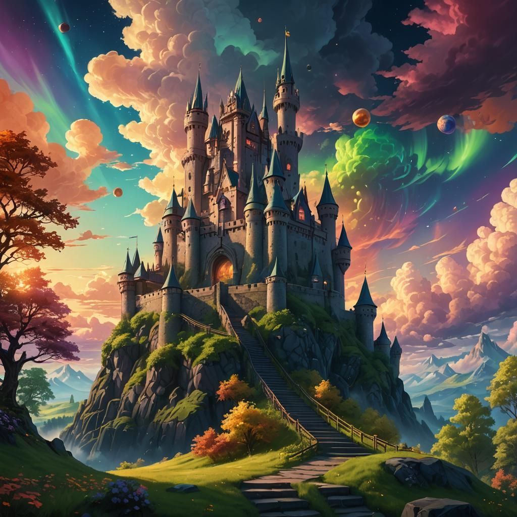 Majestic Castle Floating in Sky: Surreal Landscape Art