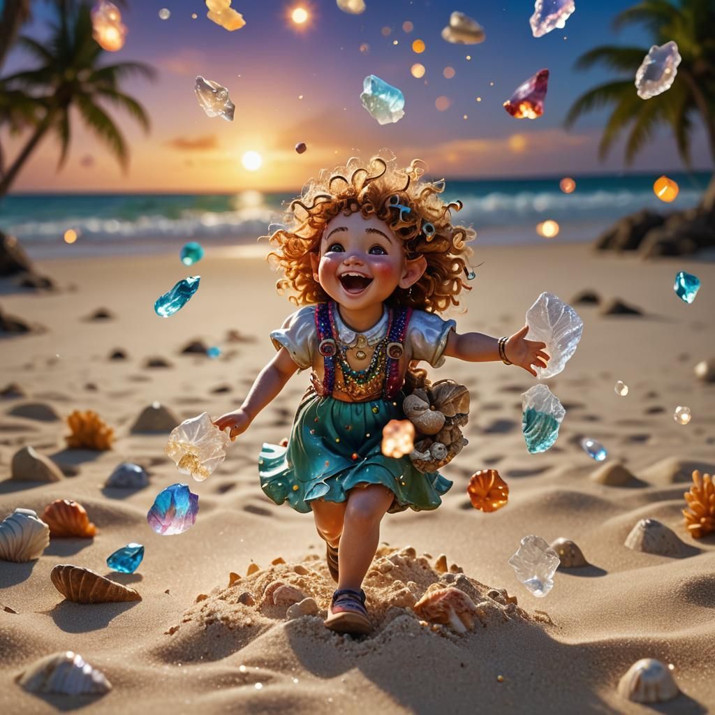 Joyful Gnome on Tropical Beach with Crystals