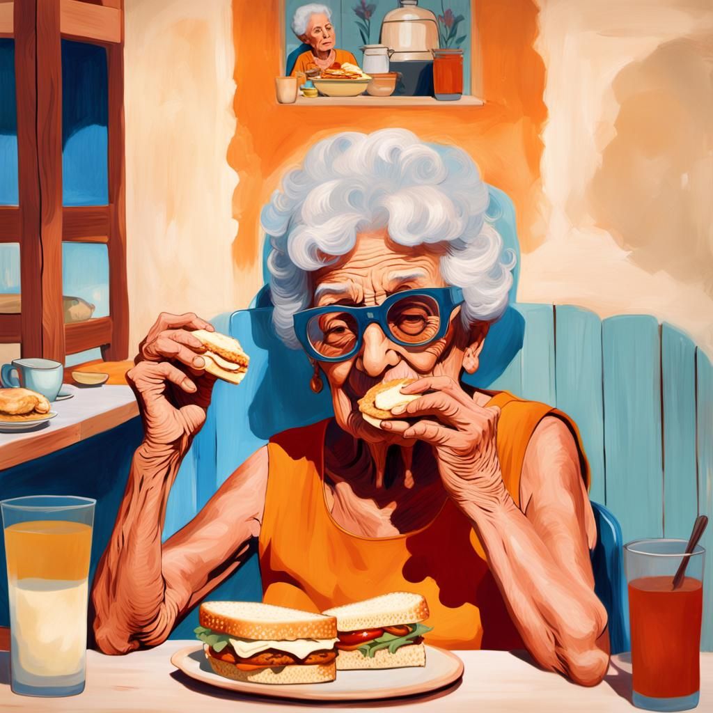 Nostalgic Film Still of Abuela Eating Sandwich