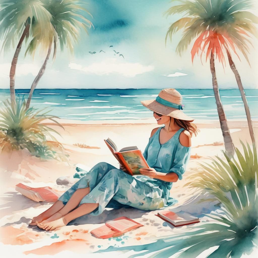 Watercolor Beach Scene with Woman Reading