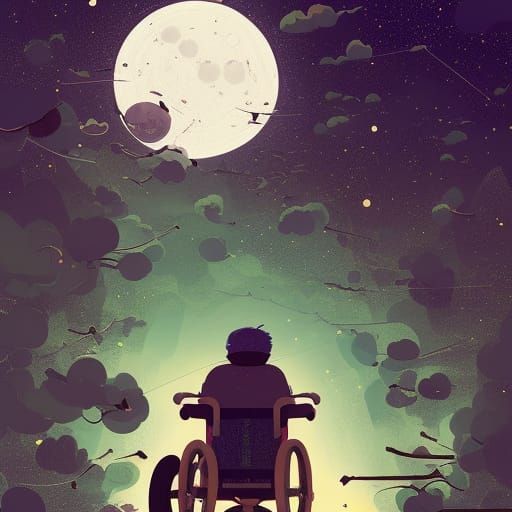 Moody Nightscape: Old Man in Wheelchair, Digital Art