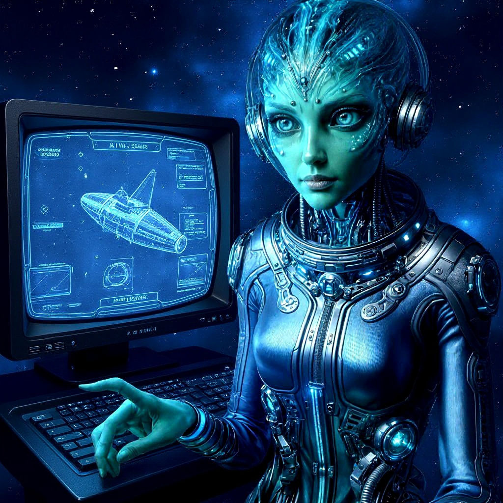 Emerald Alien Astronaut in Futuristic Space Lab