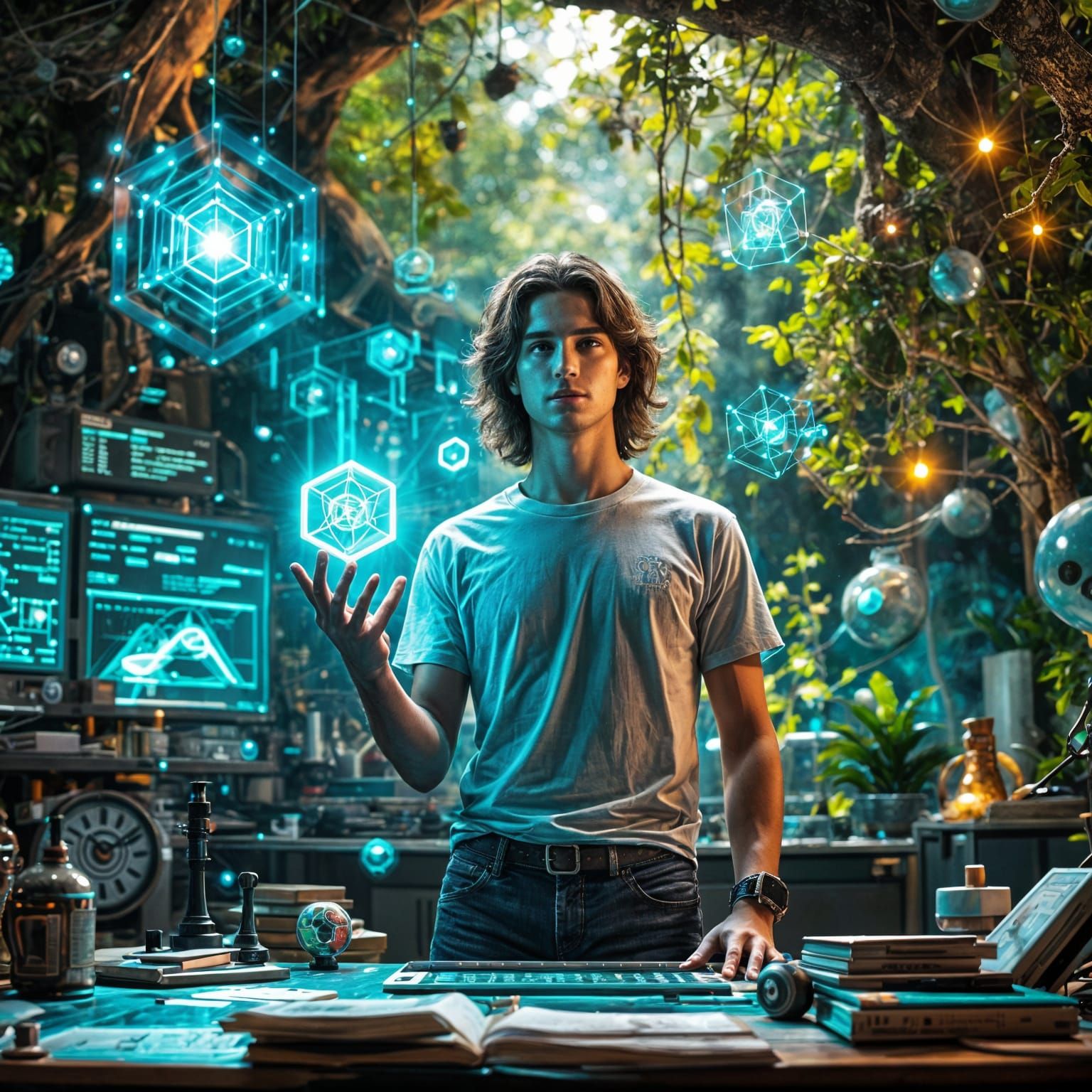 Man in Futuristic Lab Surrounded by Knowledge