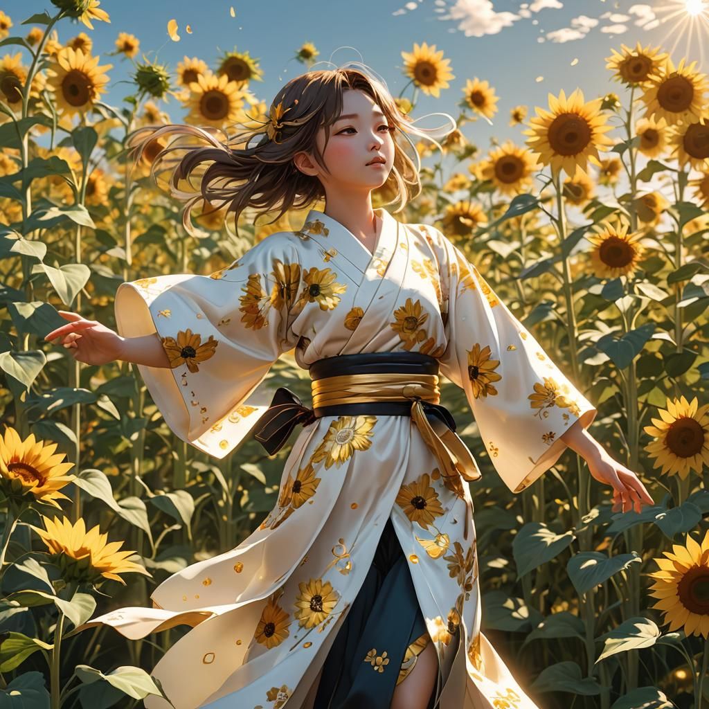 Girl Dancing in Sunflowers, Anime-Inspired 3D Art