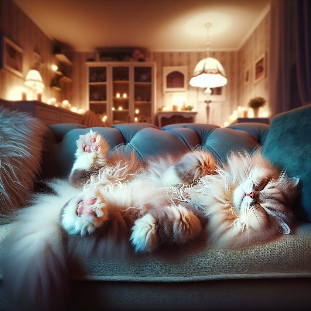Fluffy Cat Napping Upside Down on Plush Sofa