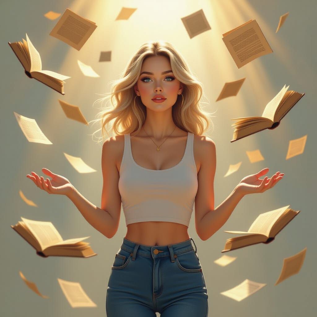 Storyteller Woman With Flying Book Pages in Golden Hour