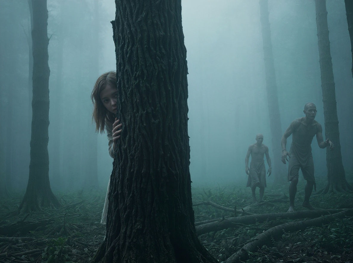 Girl Hiding from Zombies in Misty Forest Horror