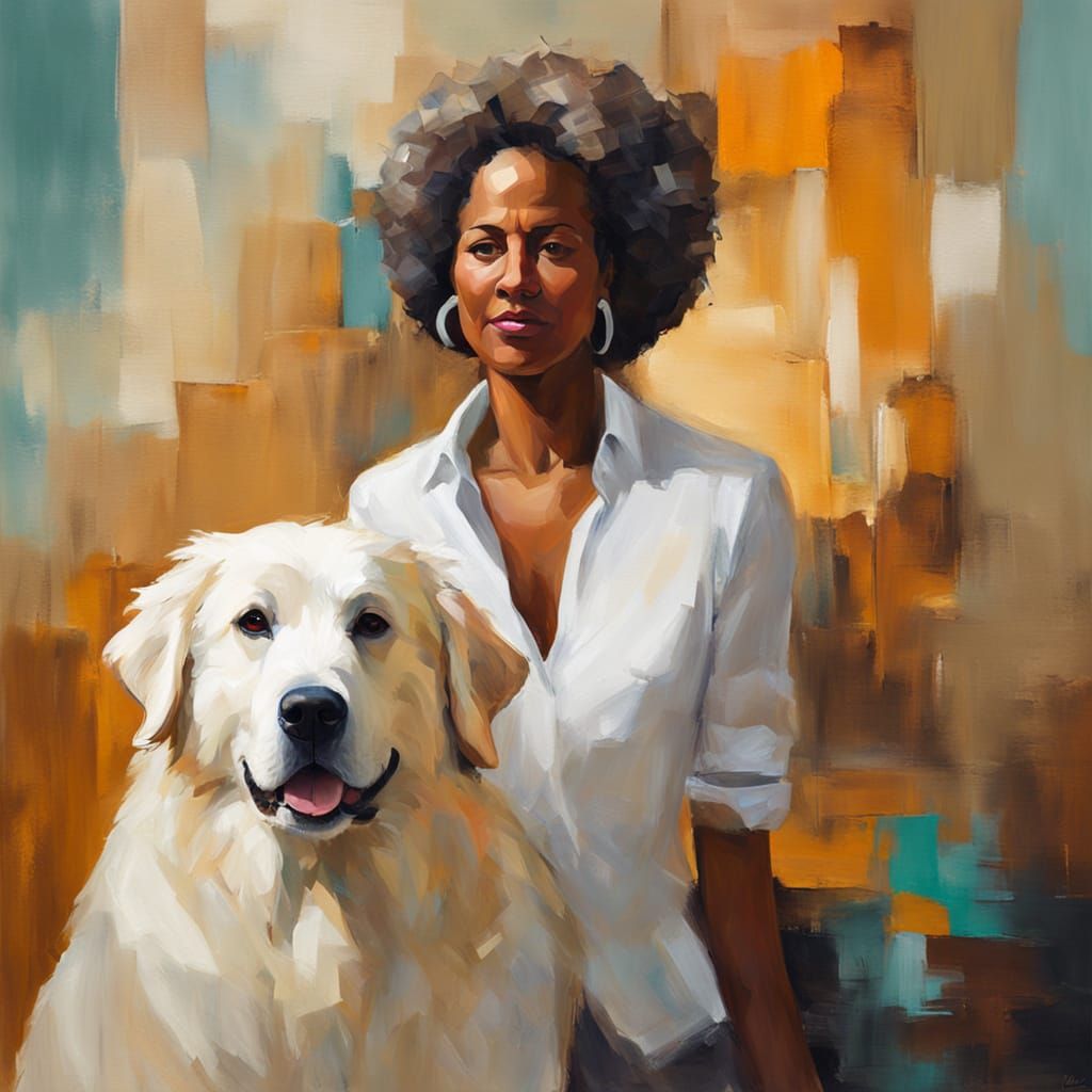 Stylish Woman and Dog: Modernist Oil Painting
