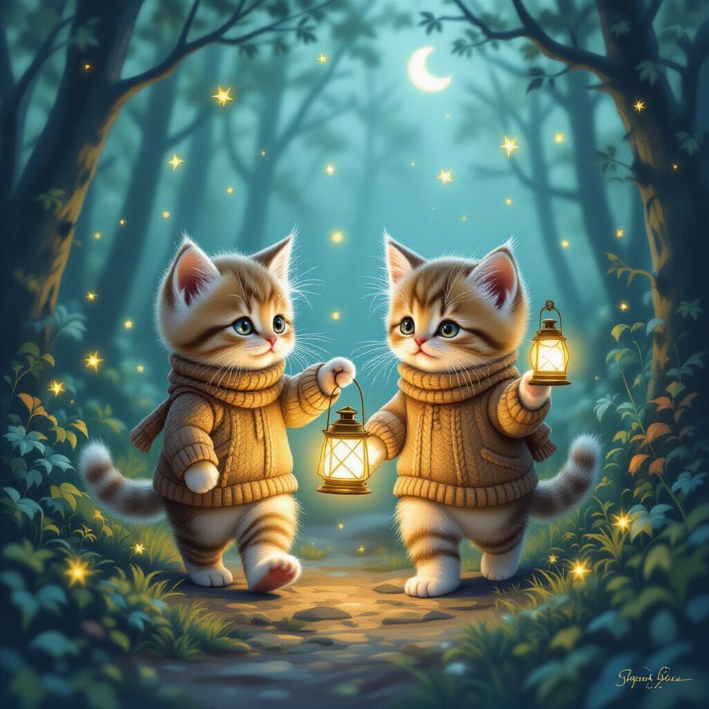 Kittens Parade with Lanterns in Enchanted Forest