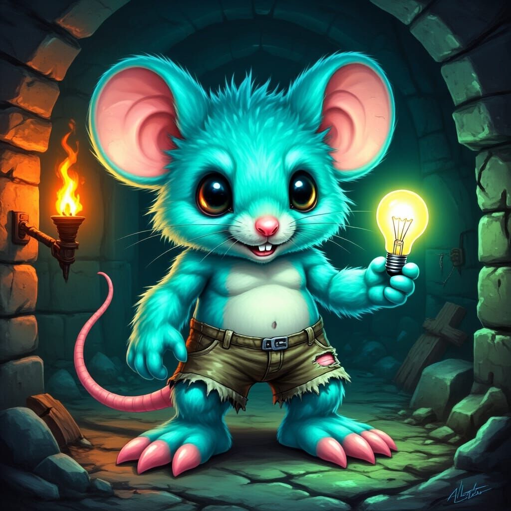 Giant Aqua Chibi Mouse Holds Light Bulb in Dungeon