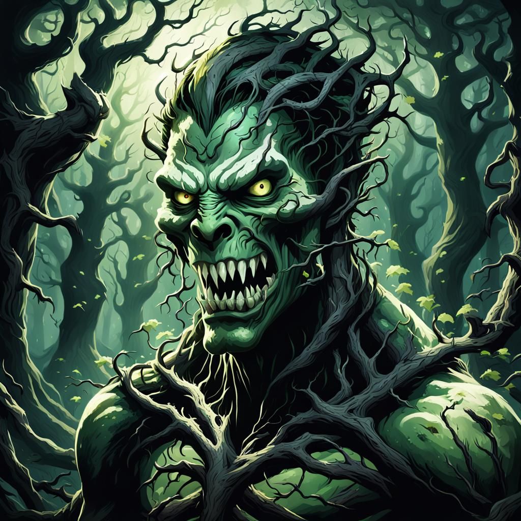 Menacing Green Dwende in Dark Fantasy Forest