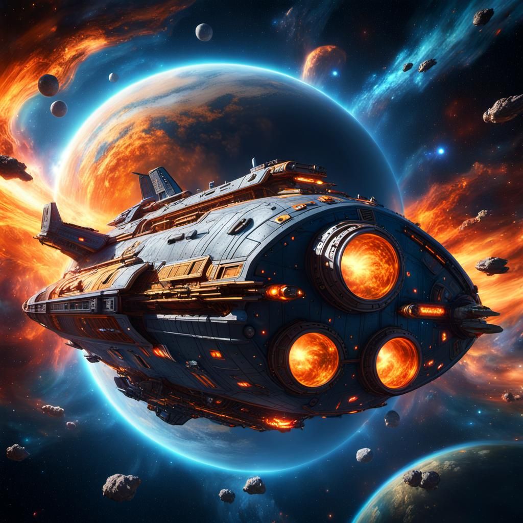 Majestic Spaceship Soaring Through Nebula: Digital Art