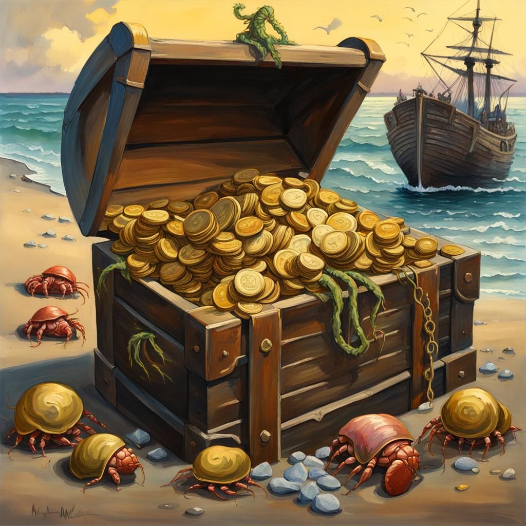 Gold coins spilling out of a chest on the beach, seaweed, he...