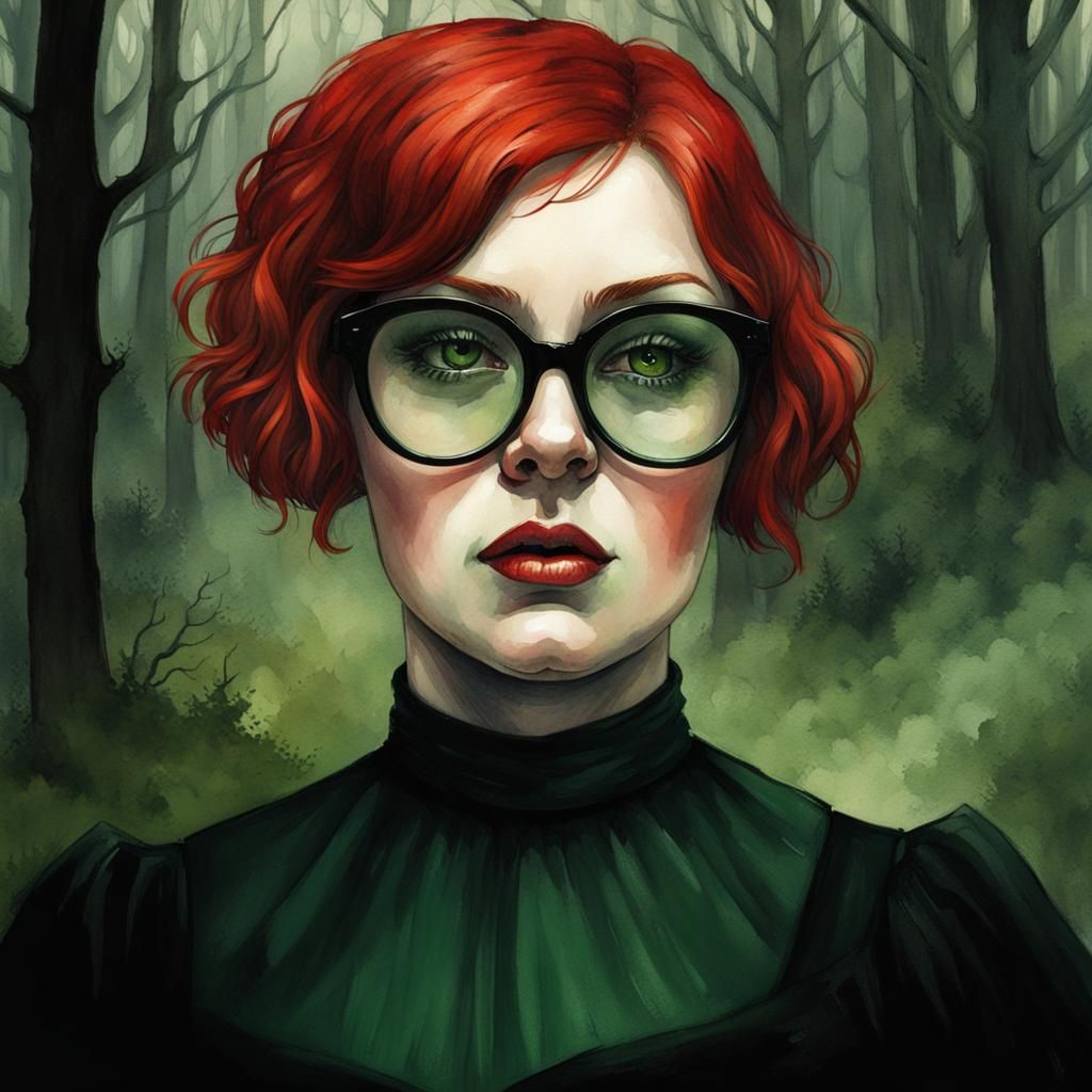 Goth Woman in Woodland, Watercolor Style