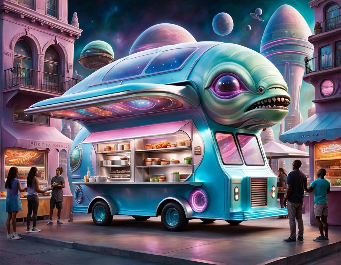 Alien Food Truck Serving Cosmic Cuisine in Pastel Colors