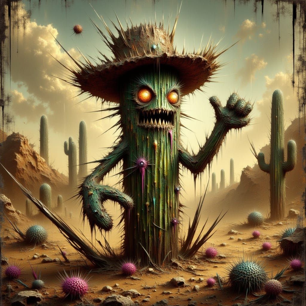 Defiant Cactus Cowboy in Desolate Desert Landscape