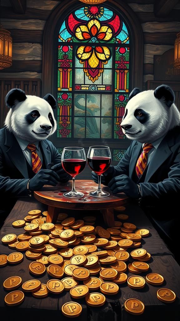 Panda Tycoons Enjoying Wine, Street Art Style