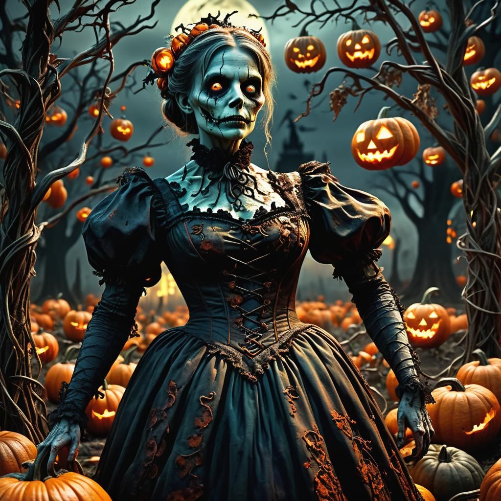 Victorian Zombie in Haunted Pumpkin Patch: Digital Art