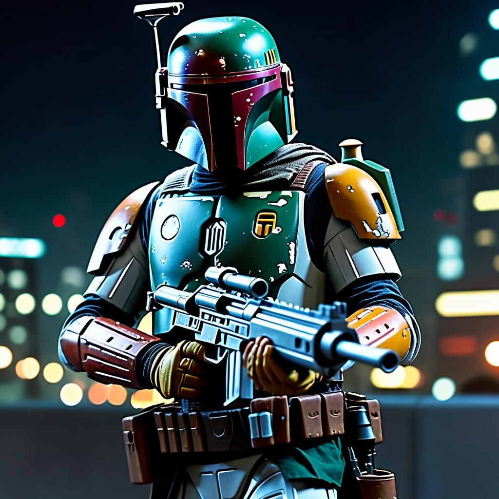 Boba Fett Close-Up in Futuristic Cityscape