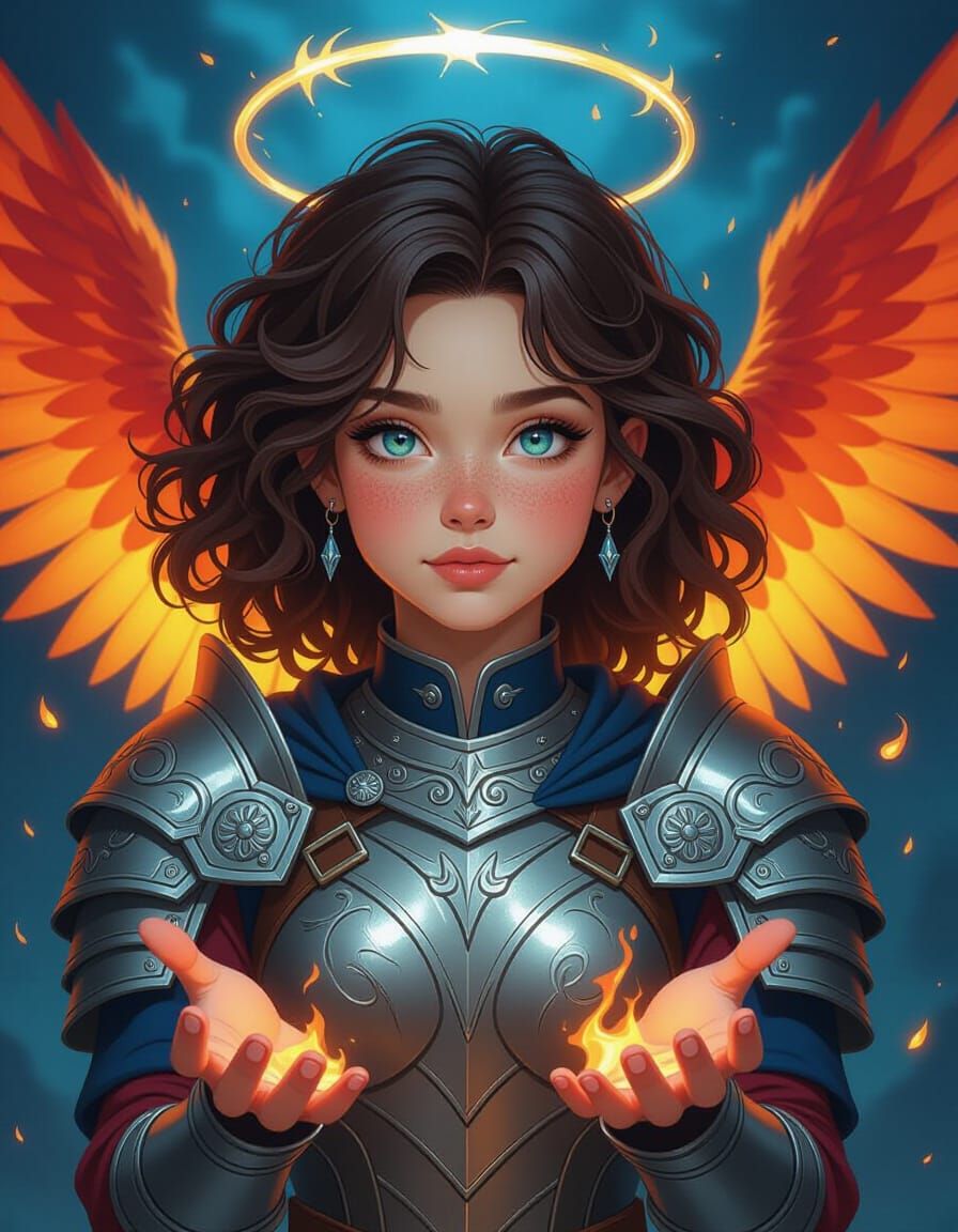 Fantasy Warrior Girl with Fiery Phoenix Wings