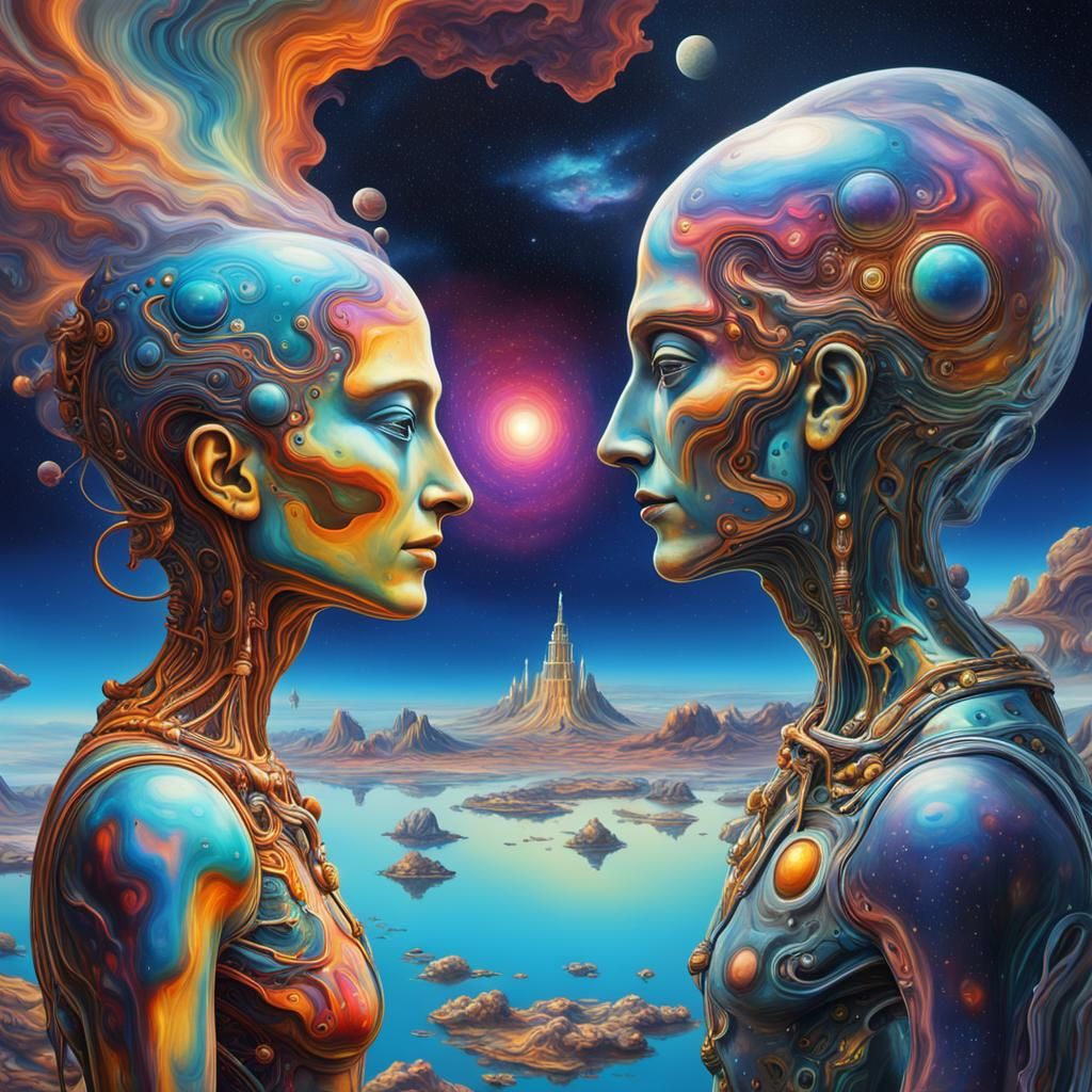 Psychedelic Android in Dream Galaxy, Surreal Oil Painting