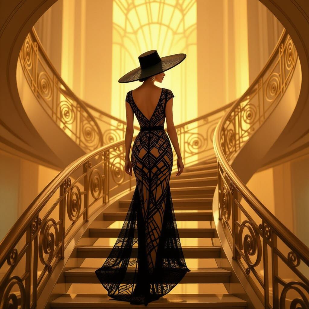 Elegant Woman Ascends Art Deco Staircase