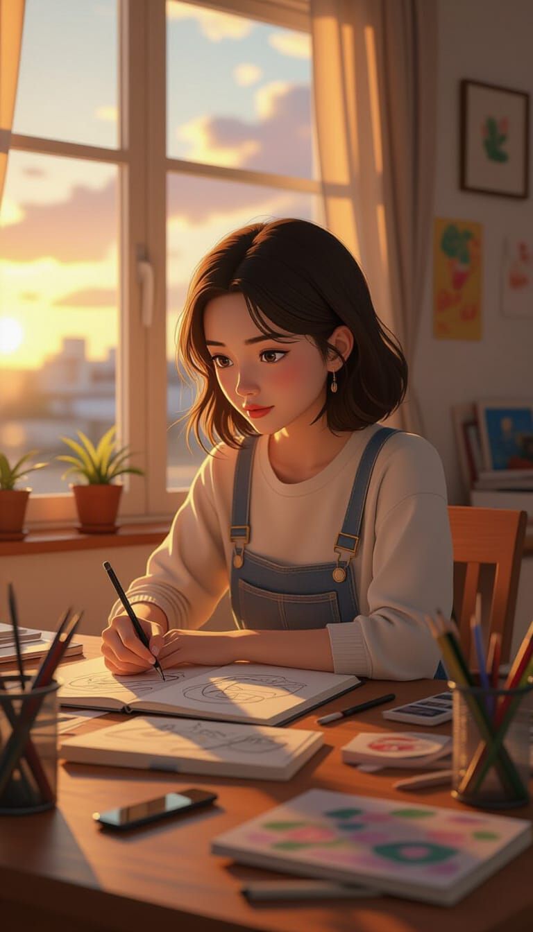 Filipina Artist at Sunset: Cubist-Inspired Digital Art