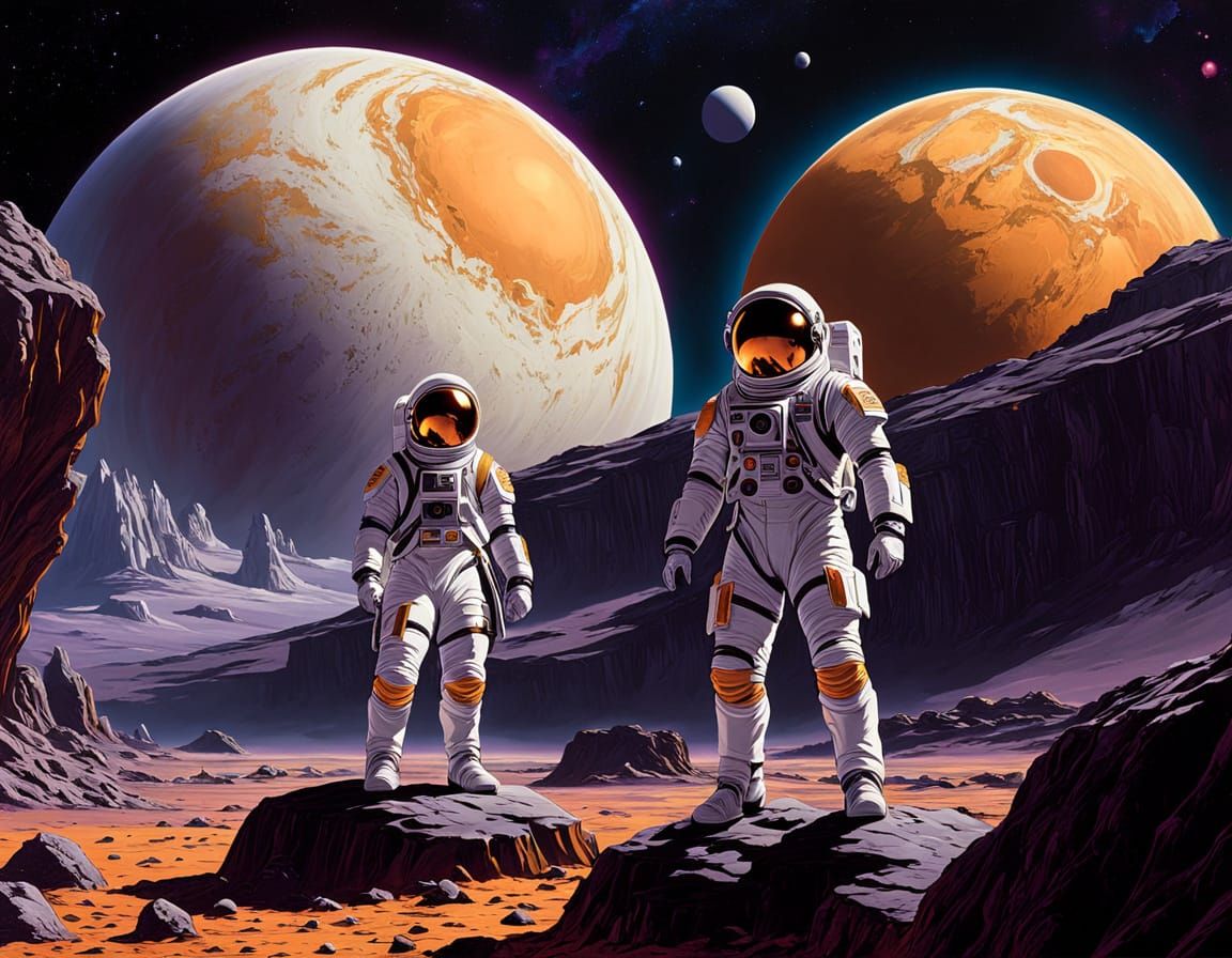 Astronauts on Saturnian Planet in Golden Pillars CD Cover Ar...