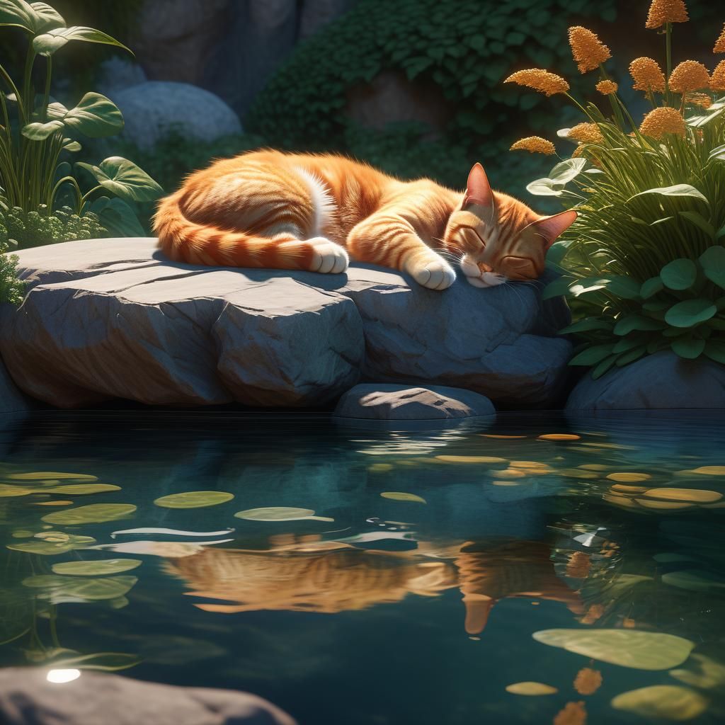 Ginger Cat Nap in Hyperdetailed Garden Portrait