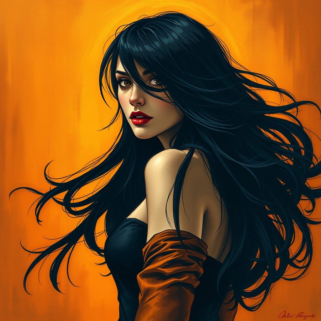 Elegant Woman in Golden Hued Comic Art