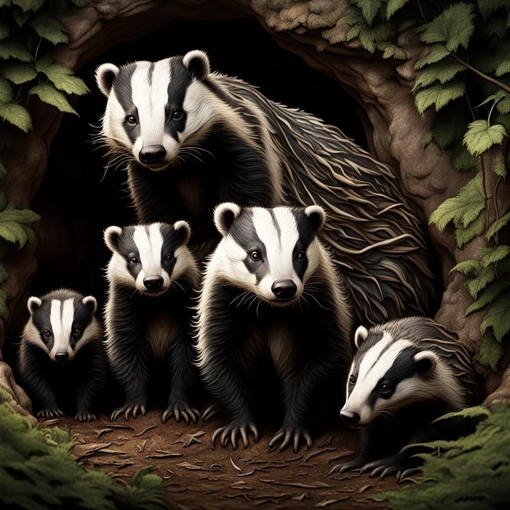 Badger Family in Sett: Cinematic Digital Painting