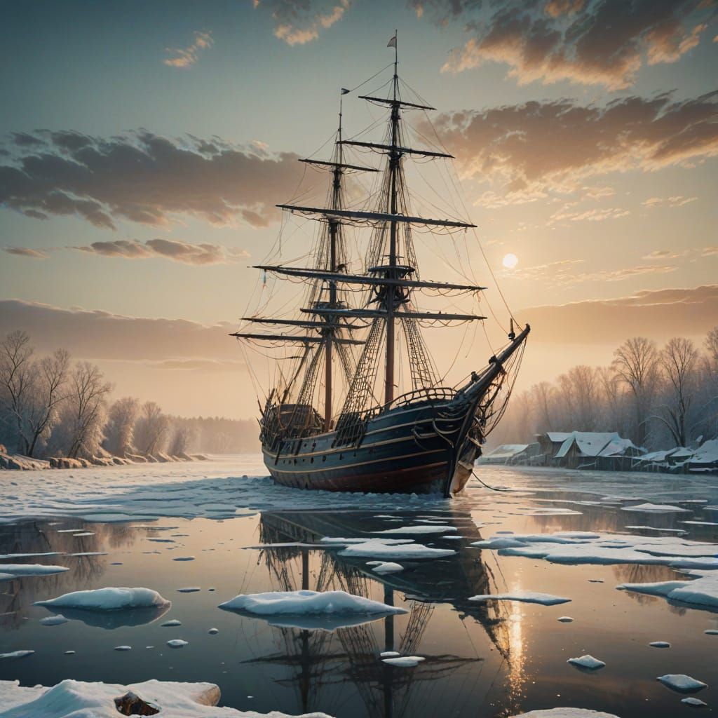 Frozen Sailing Ship in Golden Hour Light