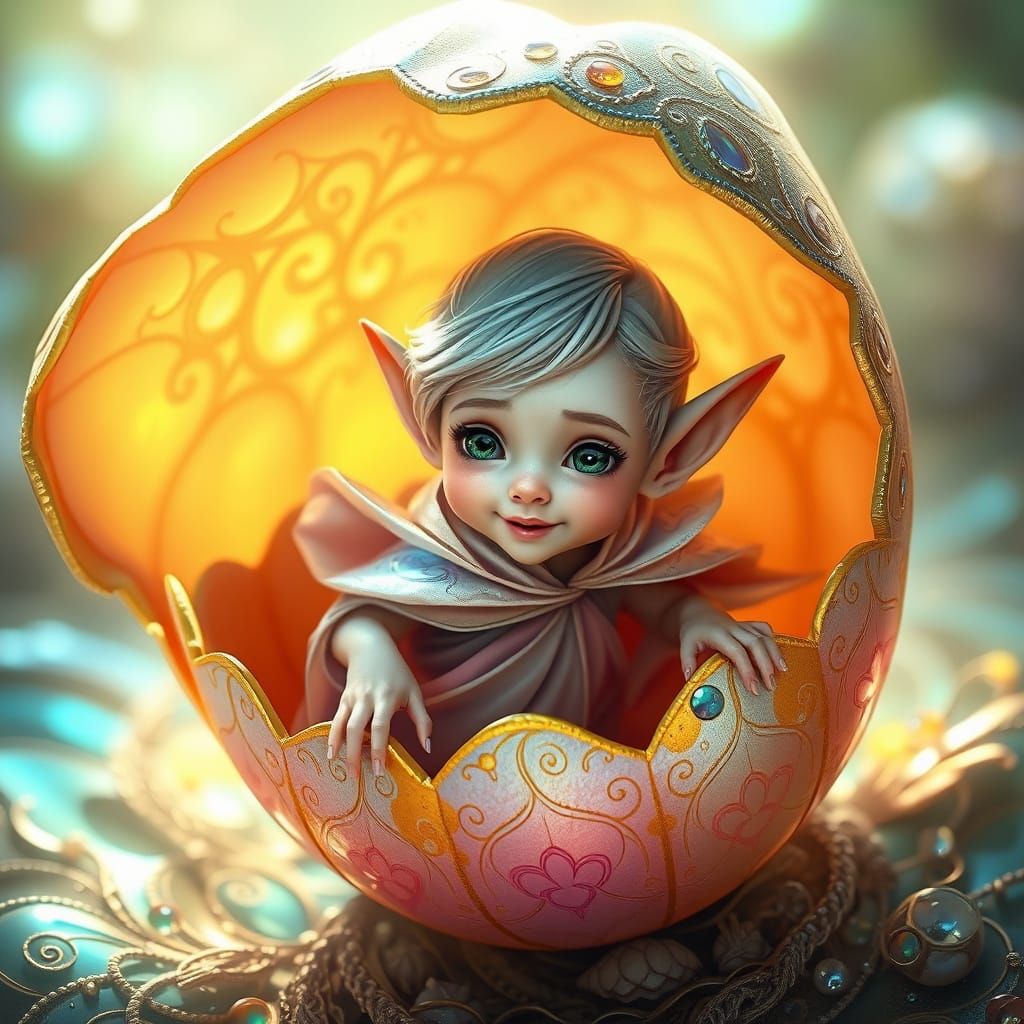 Enchanted Elf Emerges from Iridescent Eggshell