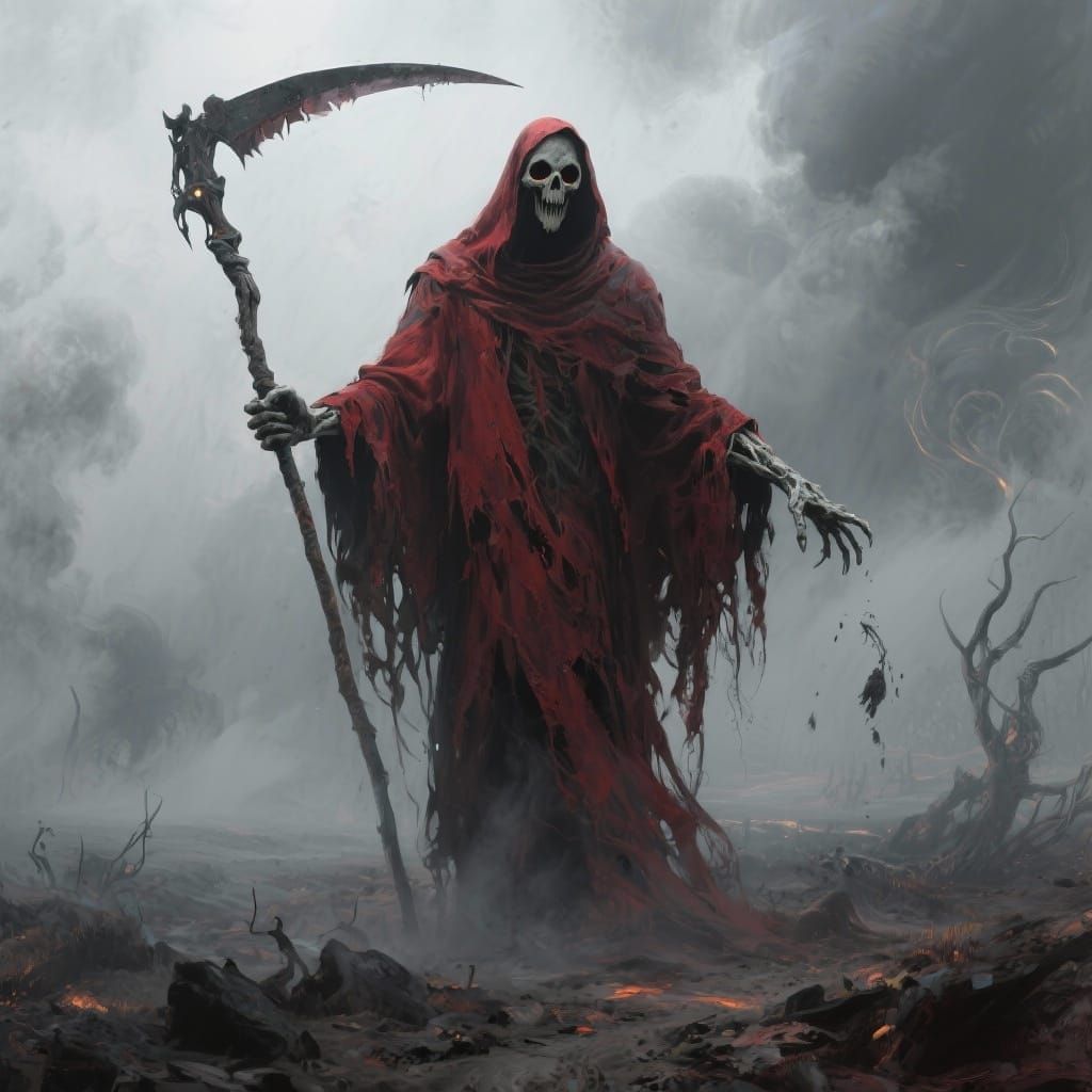 Grim Reaper in Desolate Landscape, Dark Fantasy Art