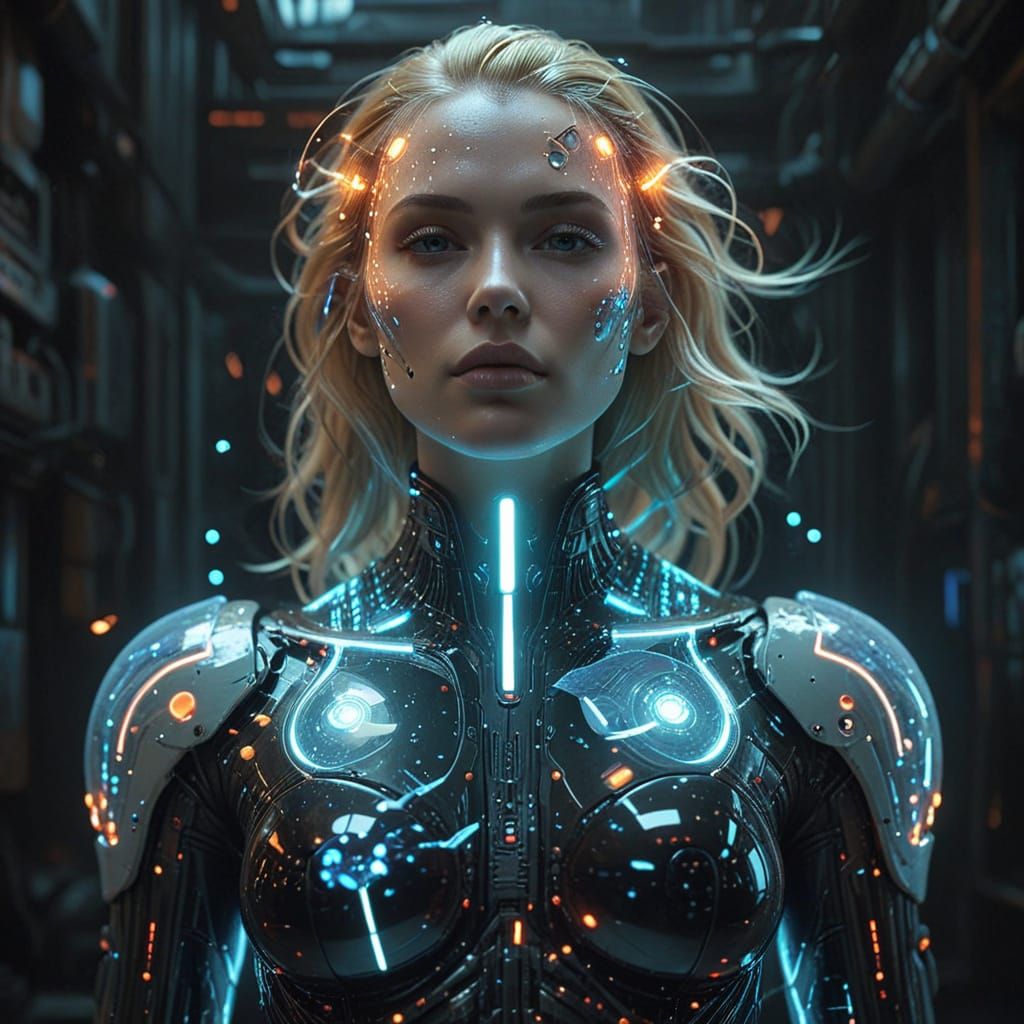 Cyberpunk Woman Floating in Digital World with Pills