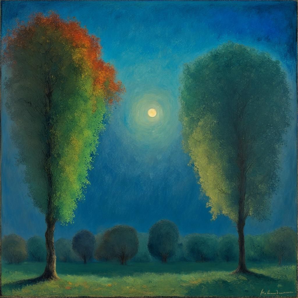 Surreal Nocturnal Trees with Vine, Deep Color