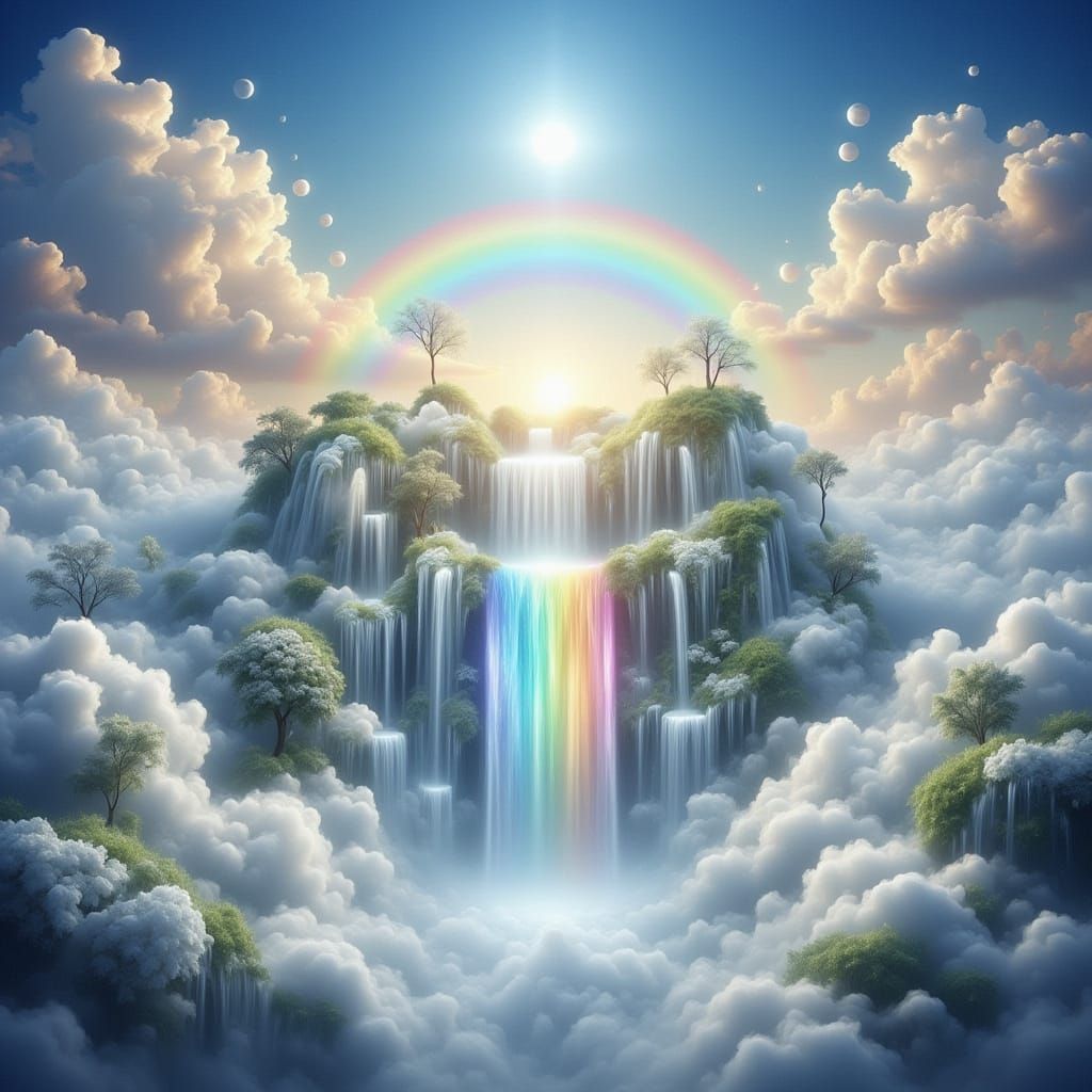 Magical Kingdom in Clouds with Rainbow Waterfall