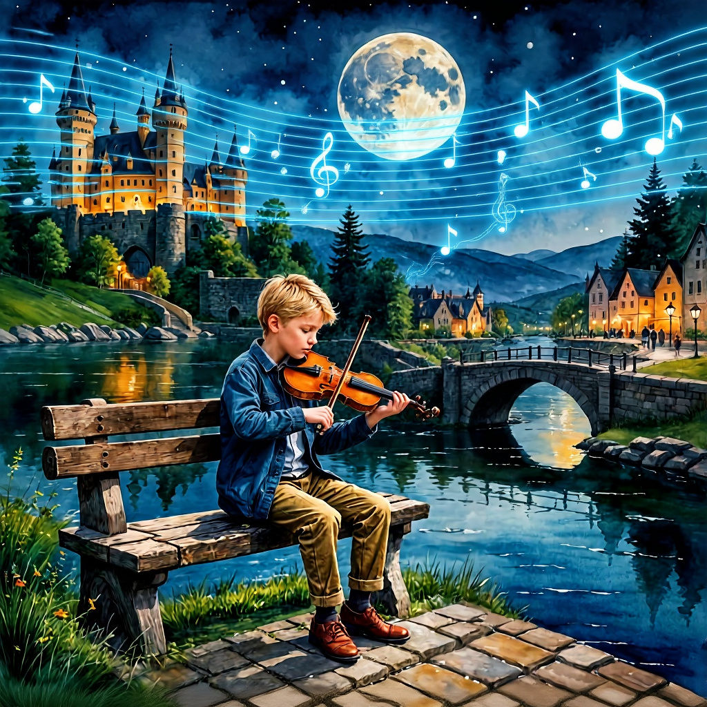 Boy Playing Violin by Castle Under Moonlit Night