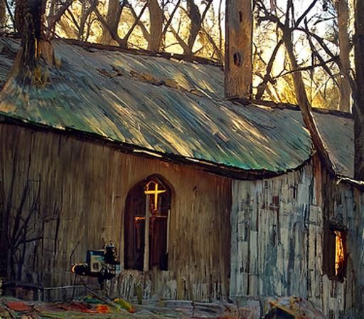 Country Church Beside Highway in Detailed Painting