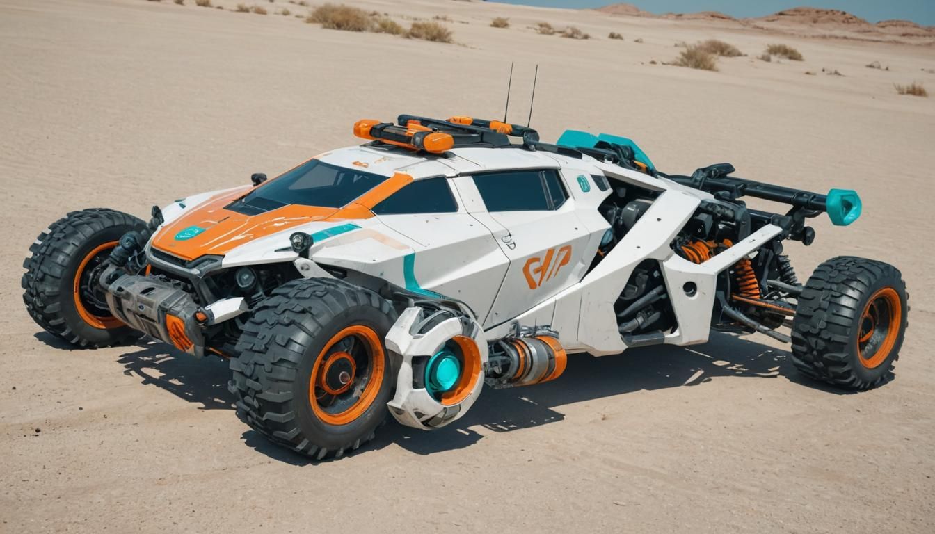 Cyberpunk Buggy with Futuristic Teal and Orange Symbols
