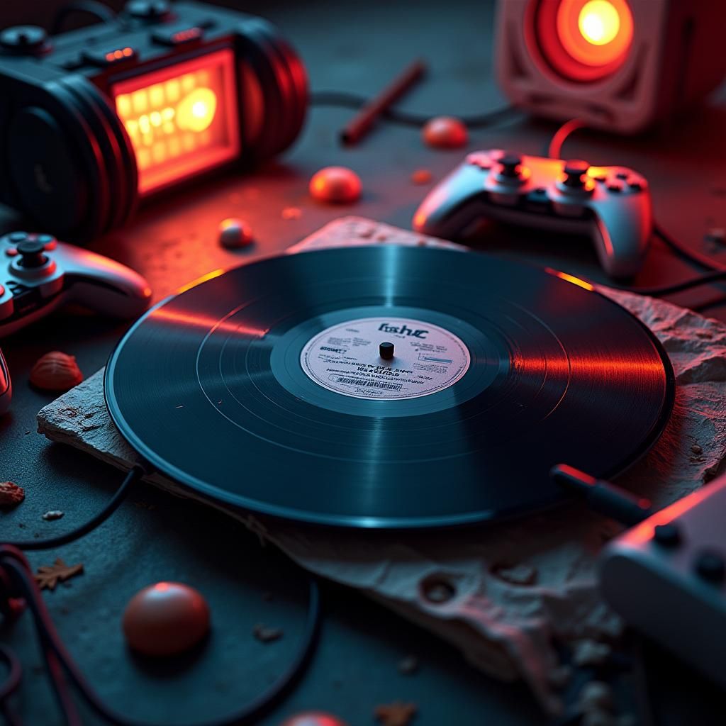 Gaming Soundtracks Album Cover in Dystopian Sci-Fi Art