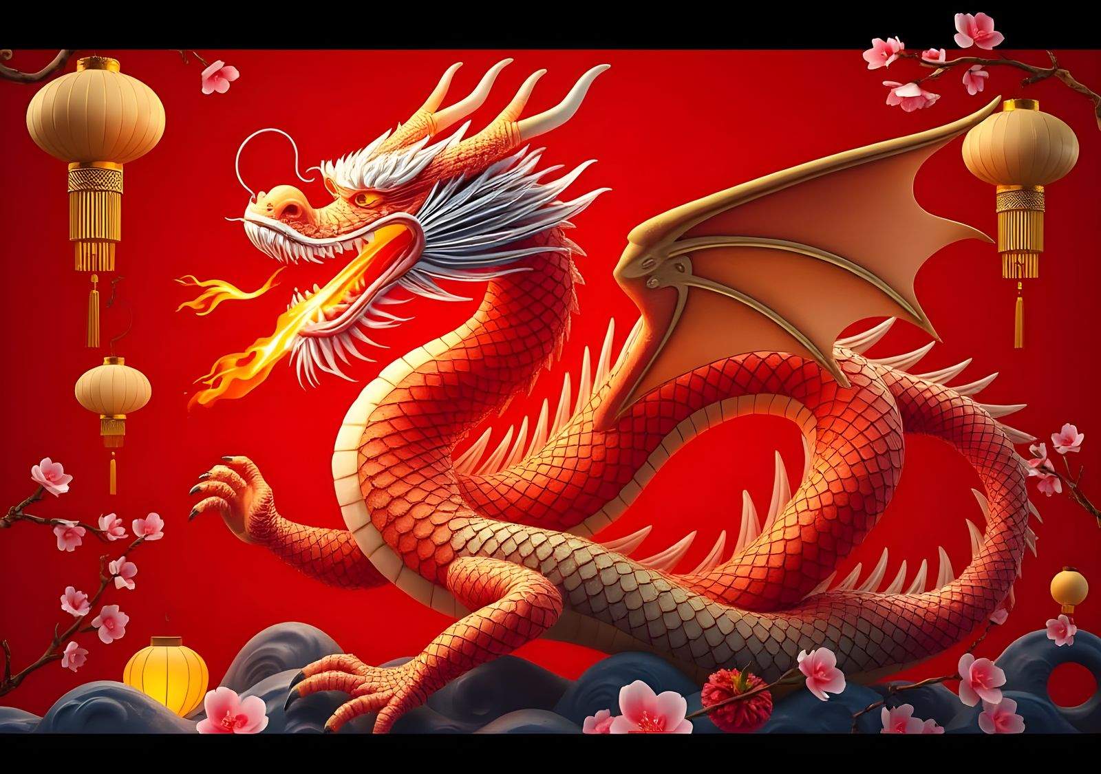 Chinese Day Dragon on Red Background