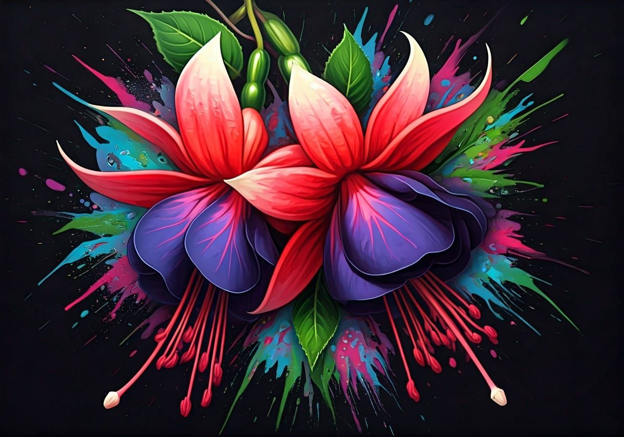 Graffiti Art Fuchsia Flowers in Polychromatic Hues