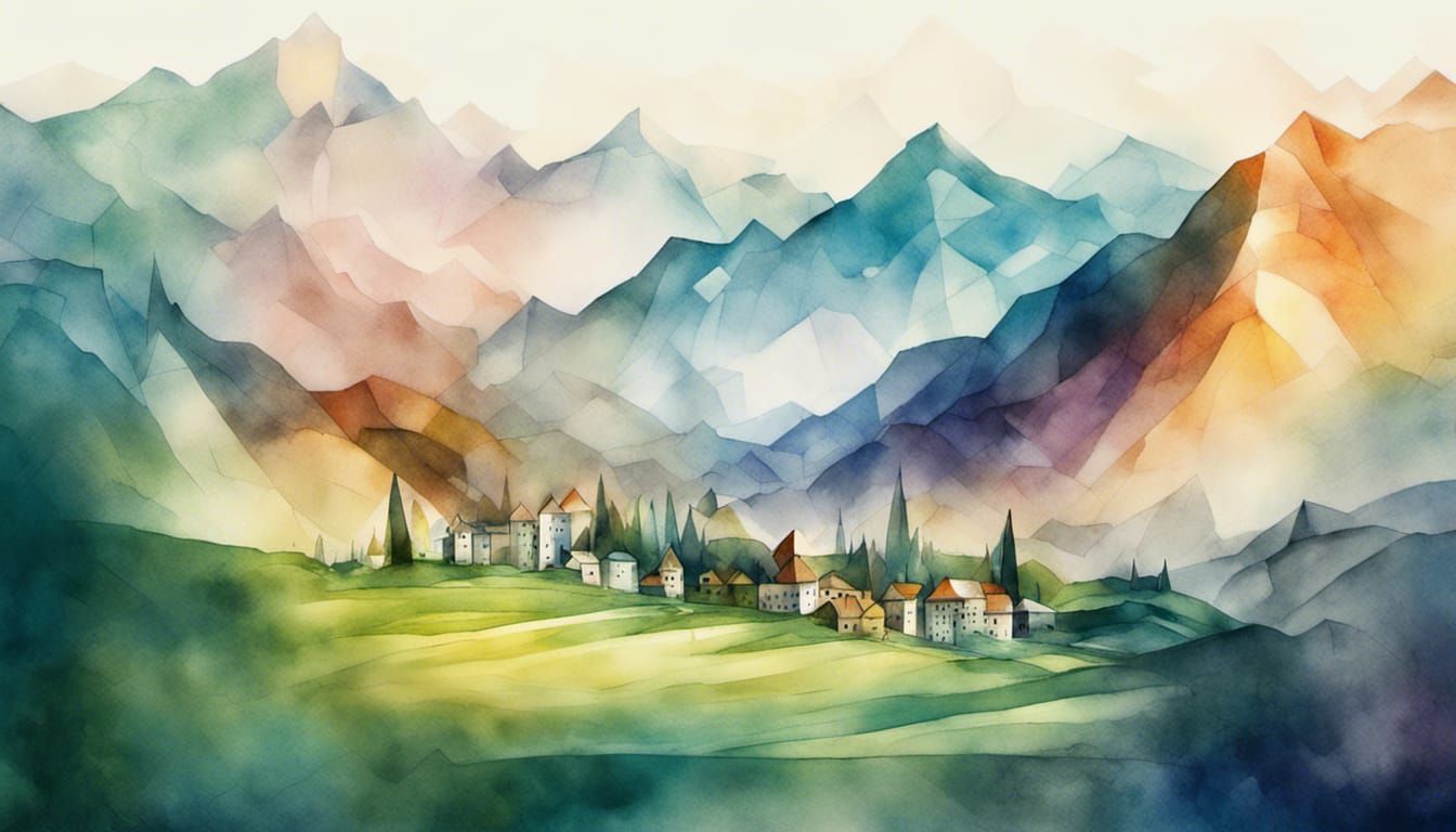 Psychedelic Geometric City Amidst Jagged Peaks in Watercolor